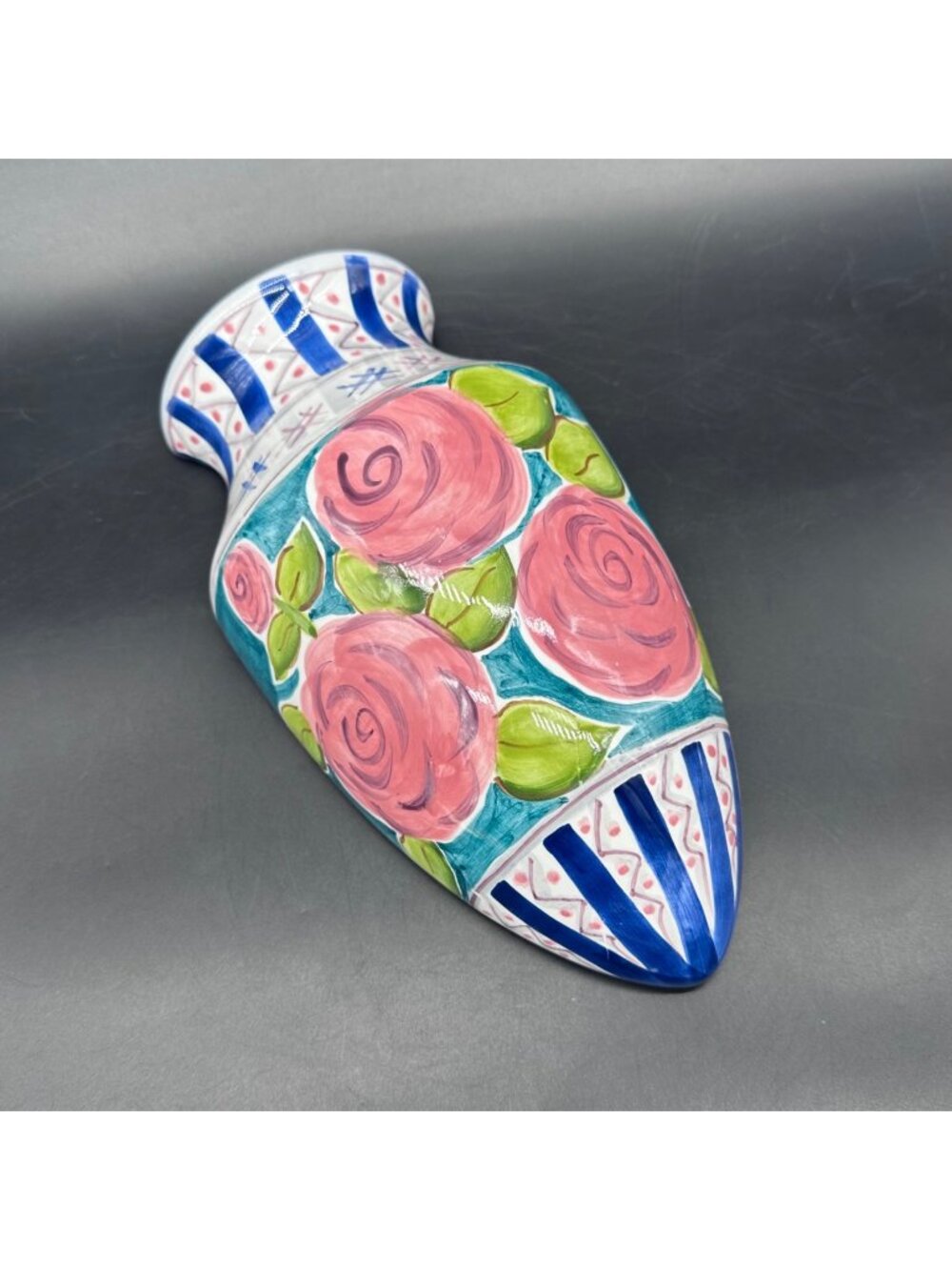Vintage Wall Pocket Vase Pink Rose Flowers Hand Painted Floral Farmhouse Cottage
